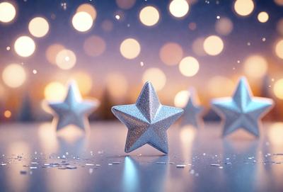 The primary subject of the image is a silver star, which is the main object, scene, or focus of the image. The setting/background features a table with a blue surface, and the visual style is a photo. The colors and mood of the image are predominantly silver and blue, creating a calm and serene atmosphere.